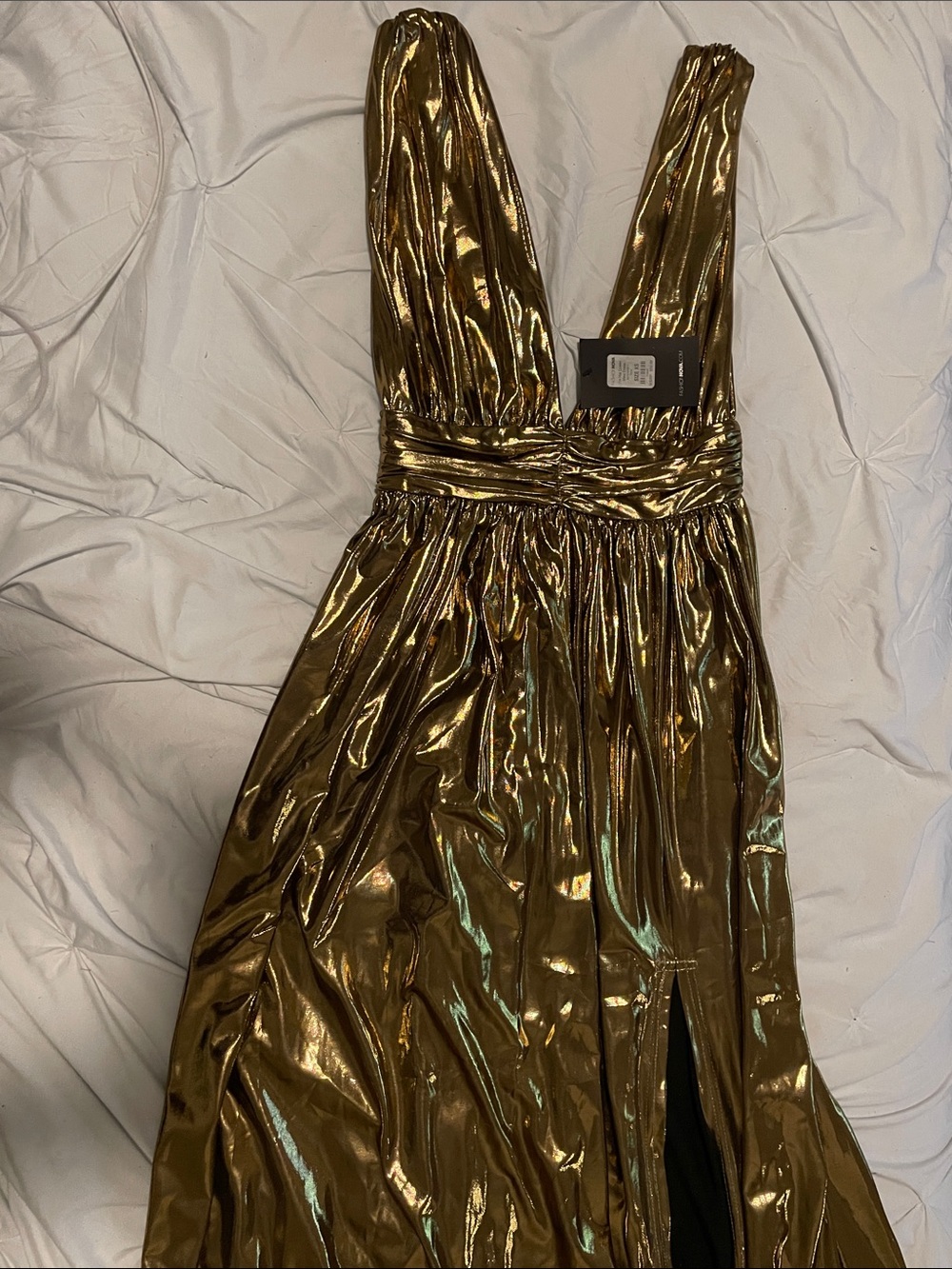 Fashion Nova Metallic Gold Plunge Maxi Dress